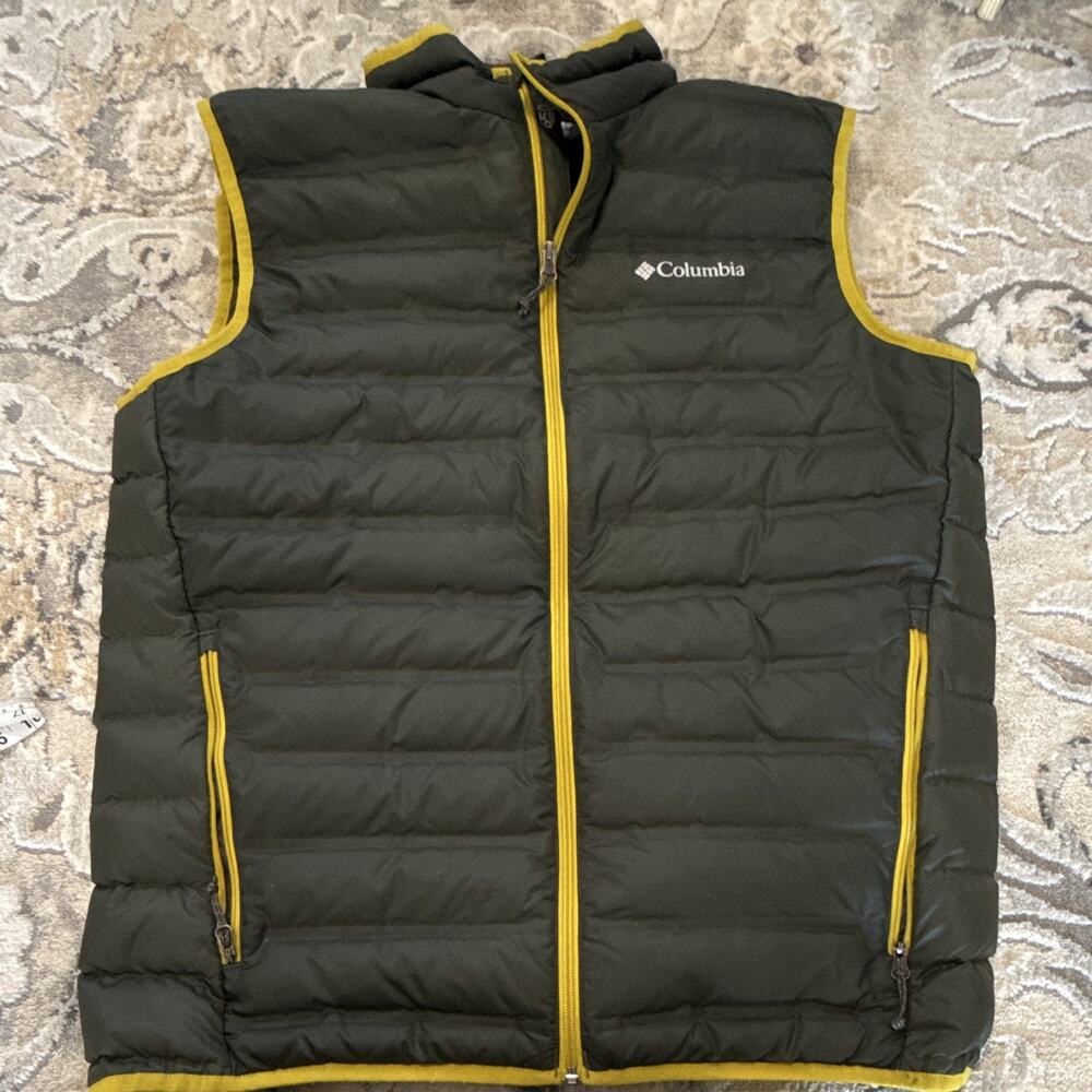 Columbia Men's Down Puffer Vest Large Green Duck Feather Outdoor Zip Pockets EUC
